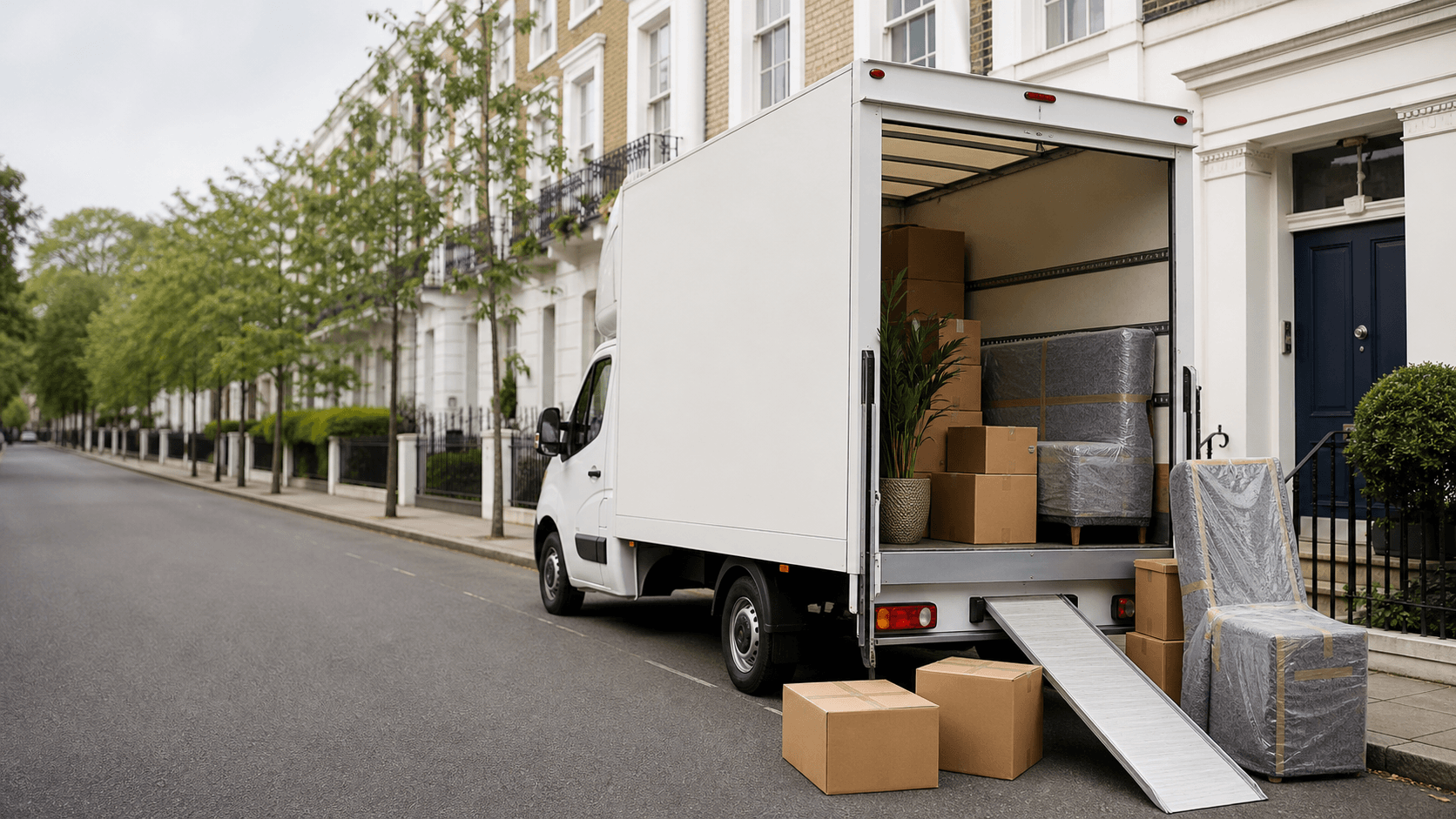 A clean moving van loaded with boxes on a London residential street